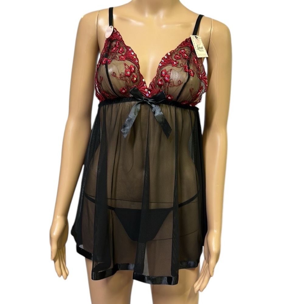 Spree Intimates Semi Sheer Babydoll Lingerie 2 Piece Set G String Womens Small